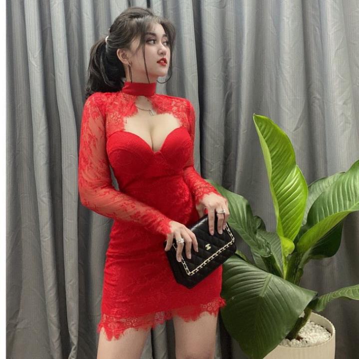 ✔️hienphamstore✔️ Đầm ren CAO CẤP cúp hở ngực tay dài, đầm tay ren - DN8277