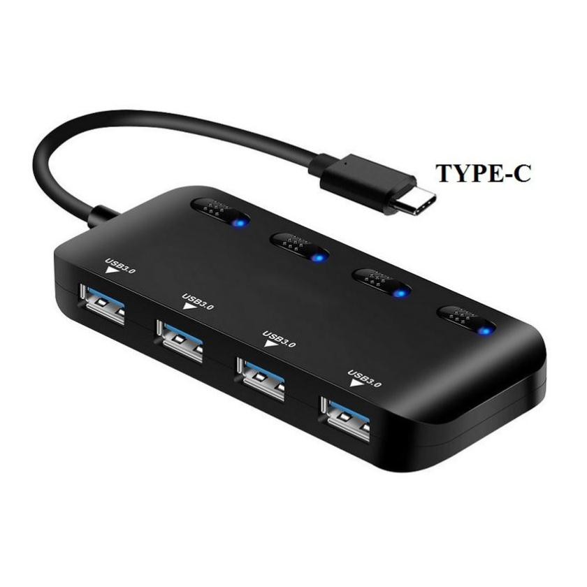 Bộ chuyển đổi từ Typec sang 4 USB 3.0 có công tắc và đèn led Ultraslim kết nối USB chuột bàn phím tay game ổ cứng...