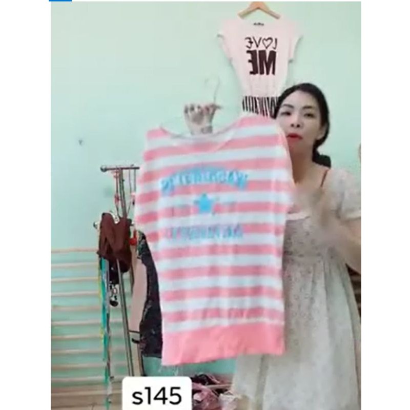 áo cánh dơi dáng dài sọc hồng trắng. S145