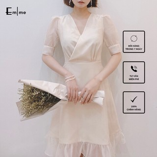 Đầm tiểu thư cổ V dáng xòe vải tơ - Váy xòe cổ V thời trang sang trọng - Váy thiết kế Emme