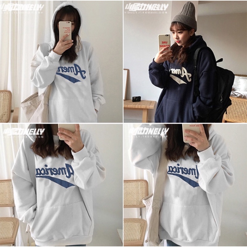 Áo hoodie nelly heybig nỉ lót lông sale (có sẵn) america chữ nổi