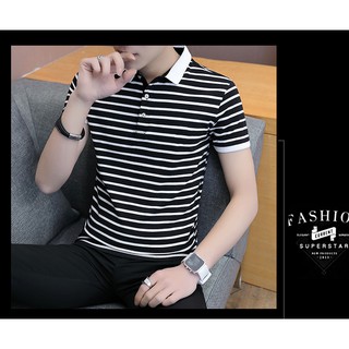 ÁO THUN NAM SỌC NGANG NGẮN TAY CỔ SƠ MI-ATN03 ( sọc ĐEN - TRẮNG )