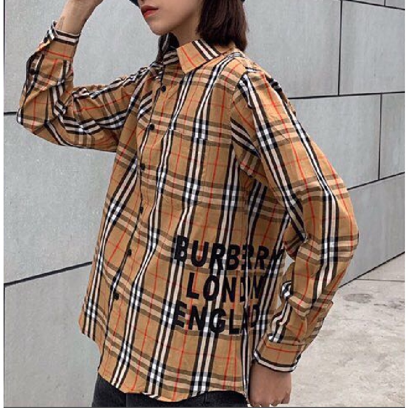 BURBERRY Áo sơ mi caro tay dài thời trang cho cặp đôi