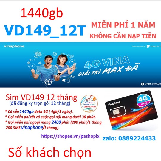 Sim VD149 4gb 1 ngày 12 tháng không cần nạp khách chọn số đẹp.