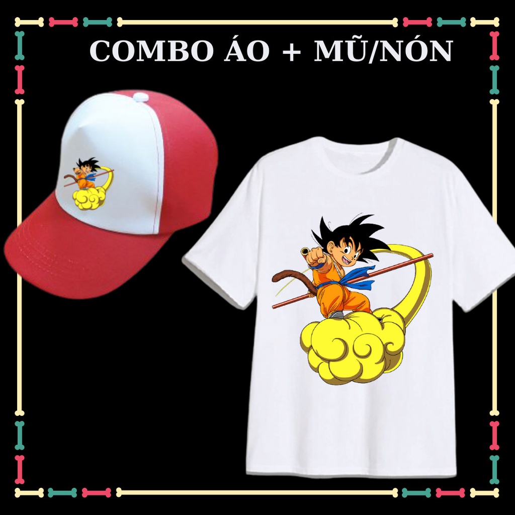 COMBO ÁO + MŨ/NÓN IN HÌNH SONGOKU CHO BÉ TRAI- (TỪ 10 KG ĐẾN 90KG, ĐỦ SIZE ÁO)