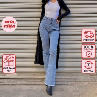 Quần jeans loe cạp cao gấu rách Mia Ritta J462