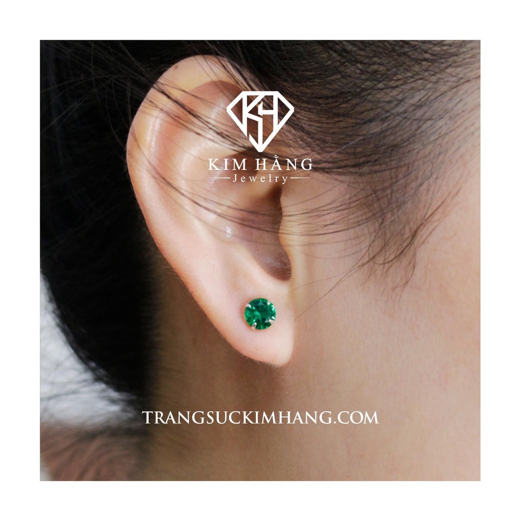 Khuyên Tai Bạc Nụ Tròn Đá Xanh Lá KHJER074- Chốt Đẩy
