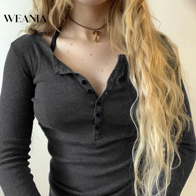 Áo Thun Tay Dài Phối Nút Thiết Kế Màu Trơn Thanh Lịch