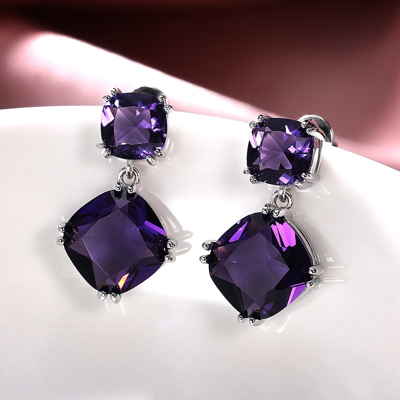 Khuyên tai PINKDUDU PD655 mạ bạc đính đá zircon tím vuông nhân tạo thời trang dành cho nữ