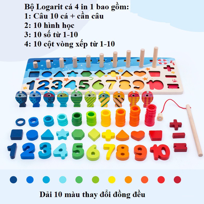 Đồ chơi câu cá Logarit xếp hình nhiều loại cho bé KB216015, Bộ câu cá bằng gỗ có kèm động vật, bảng số và bảng chữ cái