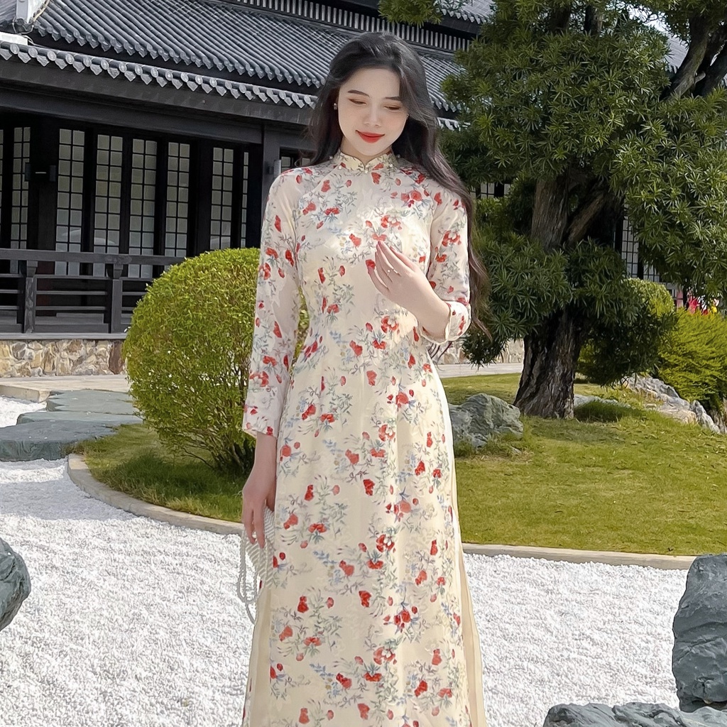 Áo dài hoa thiết kế chính hãng GIIAN, áo dài truyền thống phong cách vintage - AD283