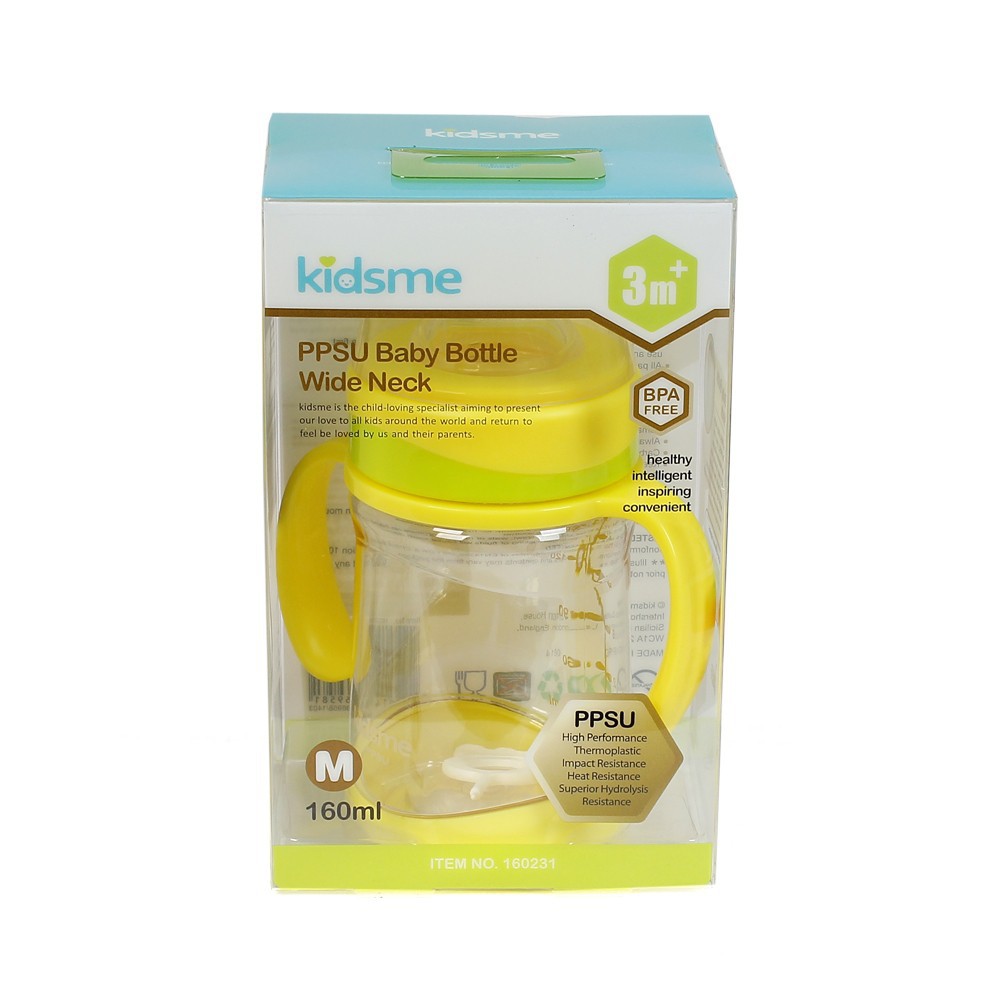 Bình sữa cổ rộng PPSU 120ml/160ml/240ml kidsme - Màu chanh/tím/xanh biển