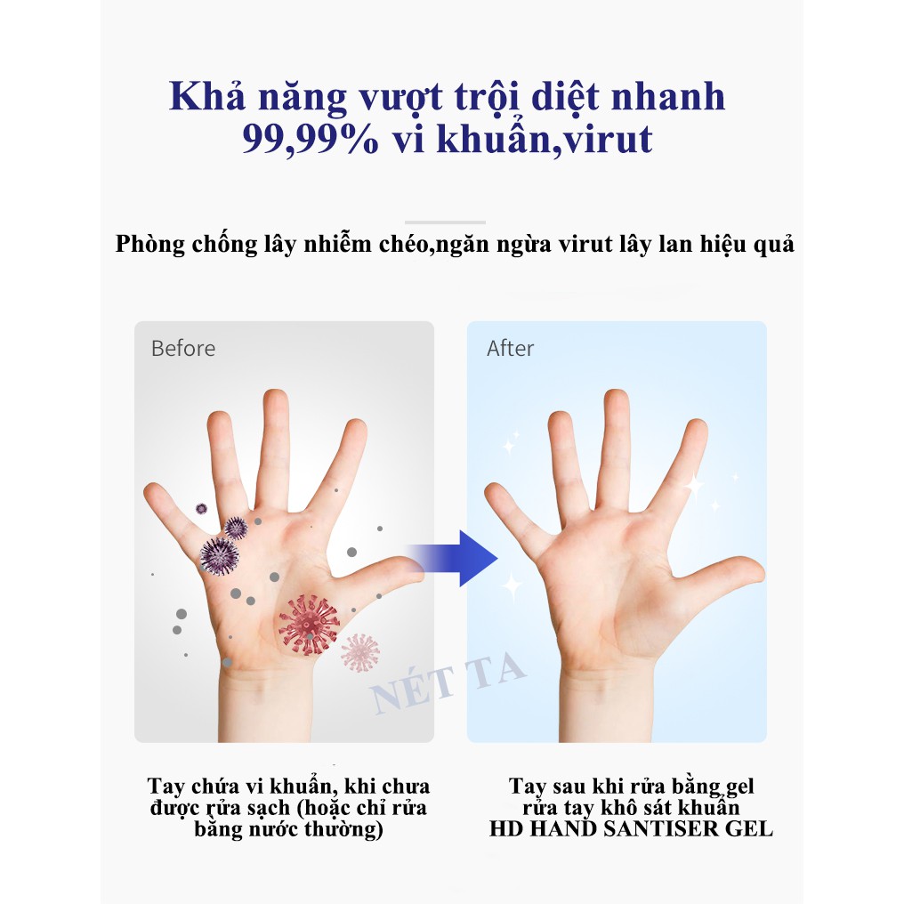 Nước rửa tay khô dạng gel chai 500ml HD Hand santiser bảo vệ da tay diệt khuẩn 99,99% TẶNG KÈM CHAI CHIẾT 180ML TIỆN LỢI