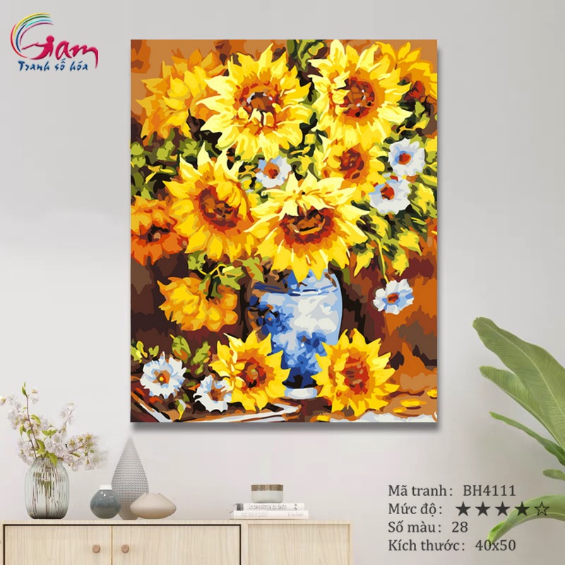 Tranh sơn dầu số hóa tự tô màu theo số Gam Hoa Hướng Dương căng khung 40x50cm BH4111