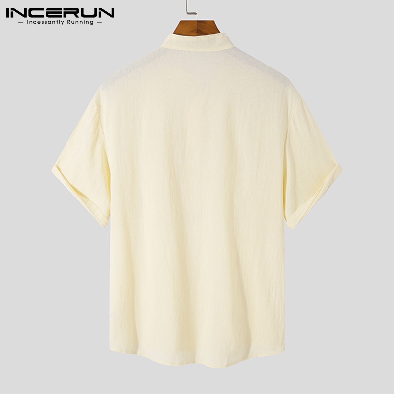 Áo sơ mi nam INCERUN tay ngắn cổ chữ V 4 màu trơn tùy chọn