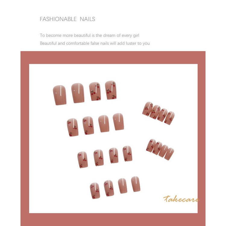 [Hàng mới về] Bộ 24 Móng Tay Giả Ngắn In Họa Tiết Trái Cherry Đáng Yêu Sành Điệu