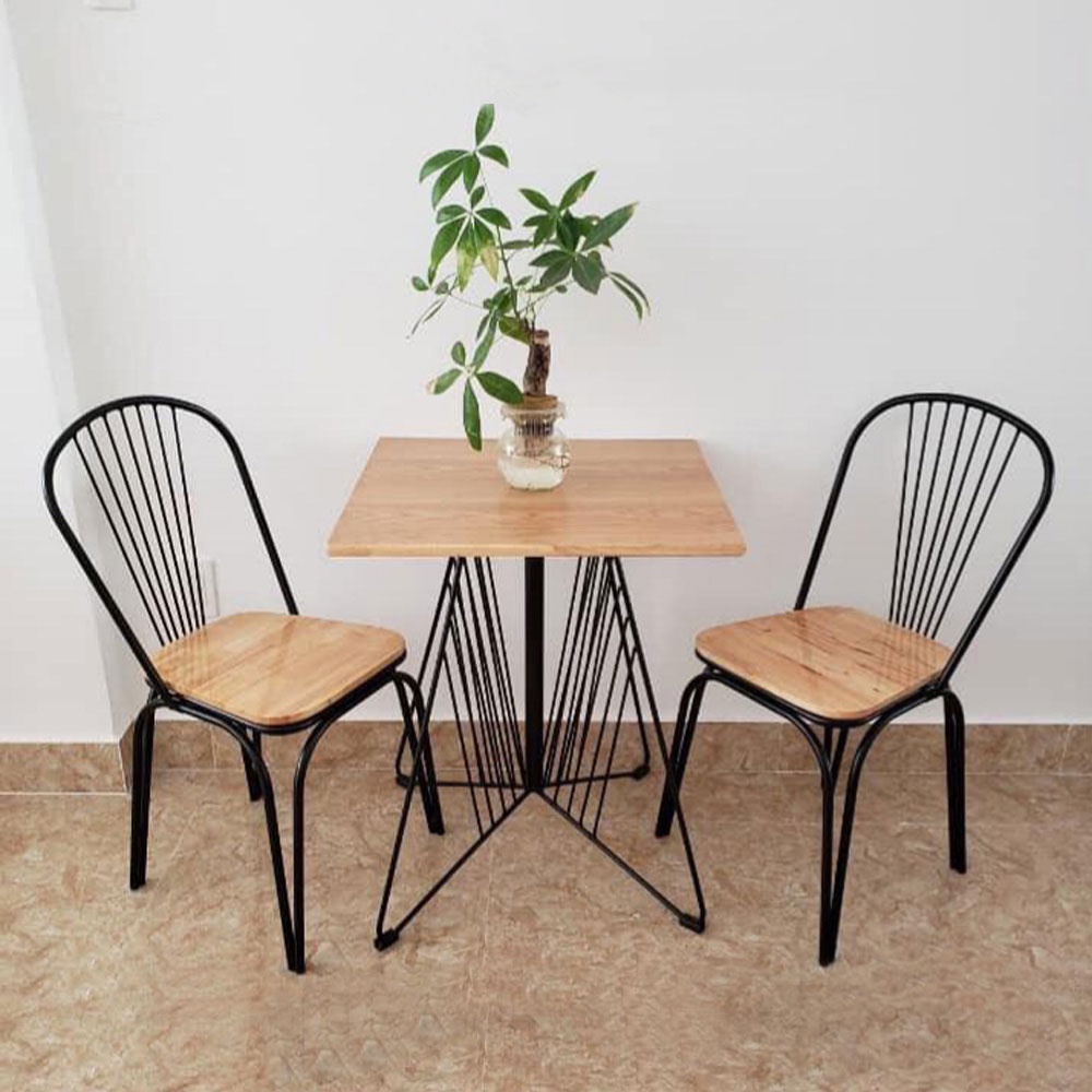 Bộ bàn café mặt vuông BIE Susana 2 ghế Marcello mặt gỗ, chân sắt sơn tĩnh điện, tùy chọn màu sắc