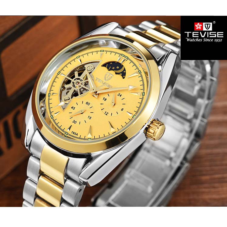 Đồng hồ cơ nam Tevise 795A chạy full kim dây kim loại (Mặt vàng dây demi)