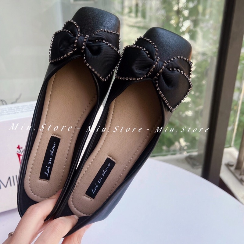 Giày bệt nữ da lì mũi vuông nơ lụa viền đá xinh xắn, giày búp bê nữ kiểu dáng mới nhất đế dẻo đi rất êm chân( ảnh,video)