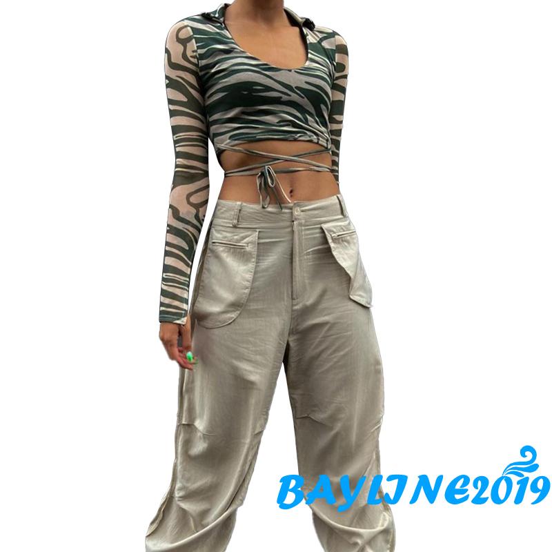 Áo Croptop Tay Dài Cổ Chữ U In Họa Tiết Ngựa Vằn Thời Trang Xuân Hè Cho Nữ