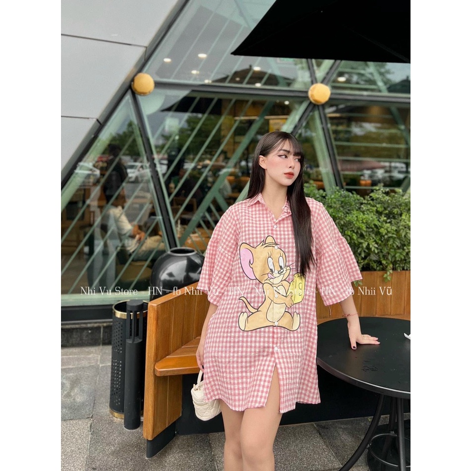 Đầm thời trang nữ mặc đi chơi chất kate lụa kiểu sơ mi váy suông tya lững caro in hình Jerrry