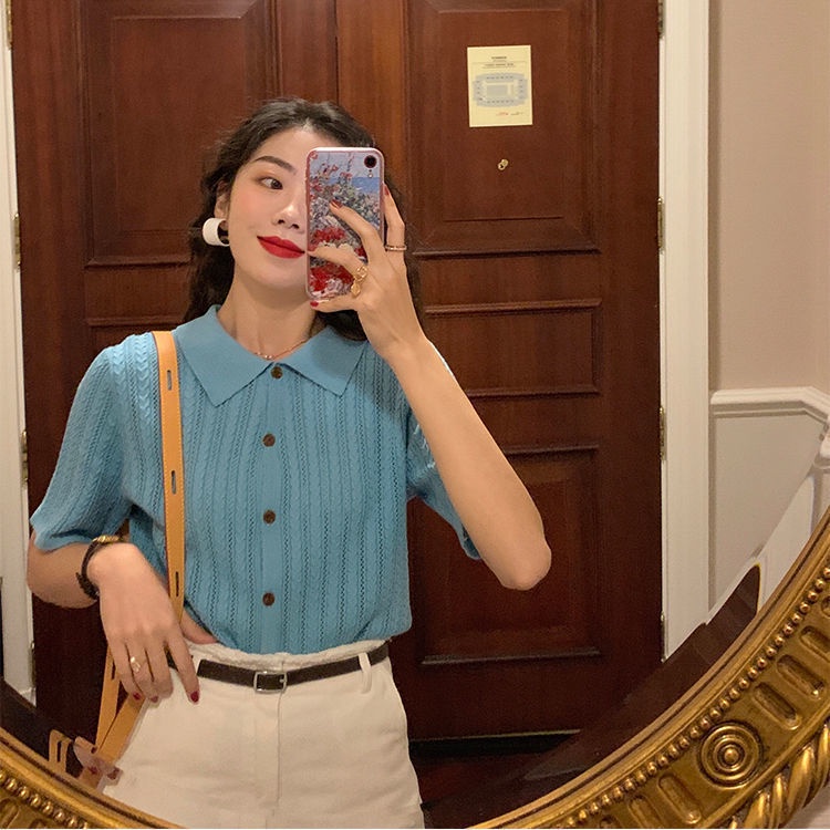 Áo Sweater Lụa Lạnh Cổ Polo Dáng Rộng Ngắn Tay Thời Trang Mùa Hè Dành Cho Nữ 2021