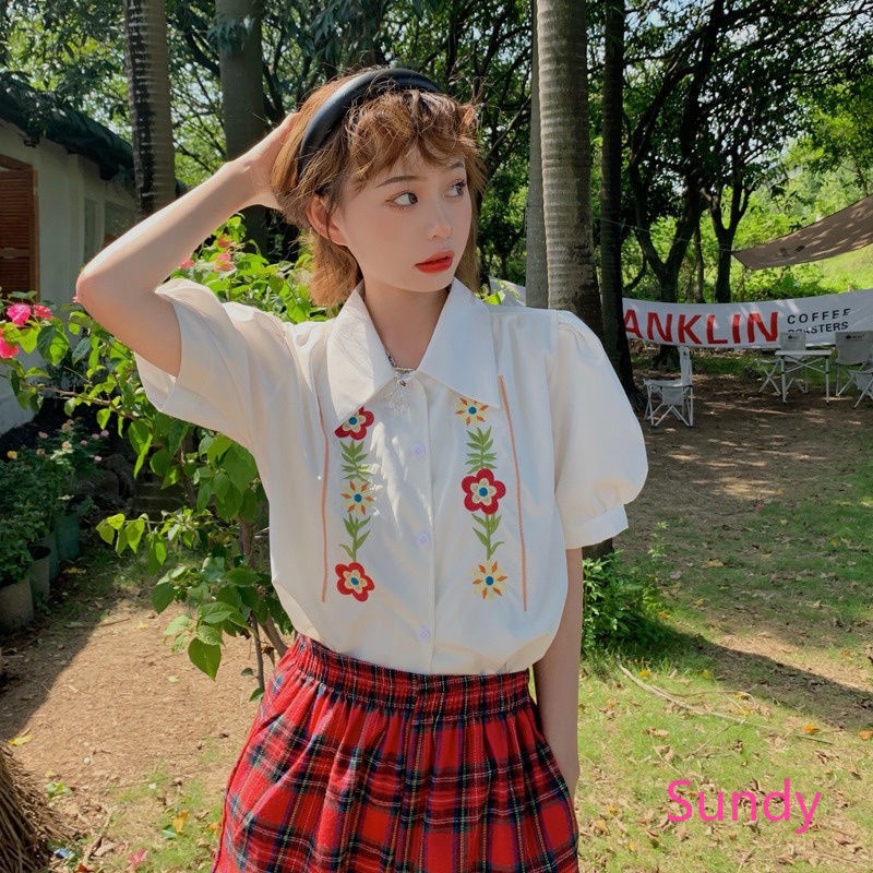 Plus Áo Kiểu Tay Phồng Thêu Họa Tiết Phong Cách Vintage Pháp Cho Nữ