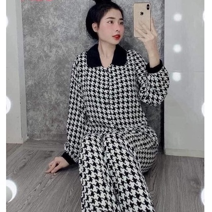 Bộ đồ ngủ pijama nữ tay dài quần dài chất lụa Kate Thái mềm mịn họa tiết ziczac đen siêu xinh