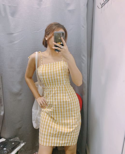 Đầm caro linen đỏ và vàng cột hai dây nơ - Luna Dress