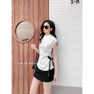 Áo sơ mi lụa rúm sườn đính cúc ngọc tay hến - áo sơ mi công sở nữ