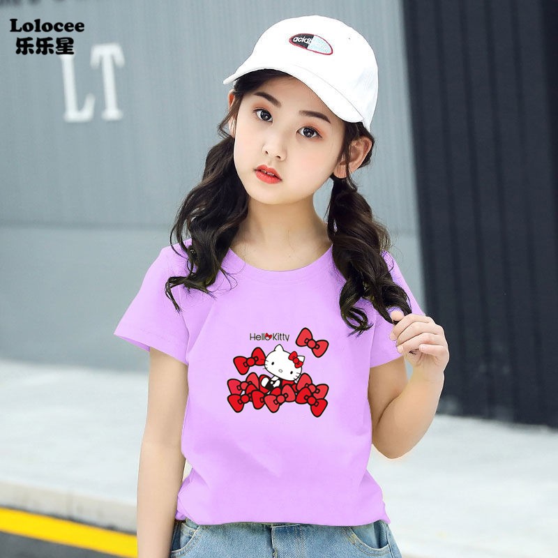 HELLO KITTY Áo Thun Tay Ngắn In Hình Mèo Dễ Thương Cho Bé Gái