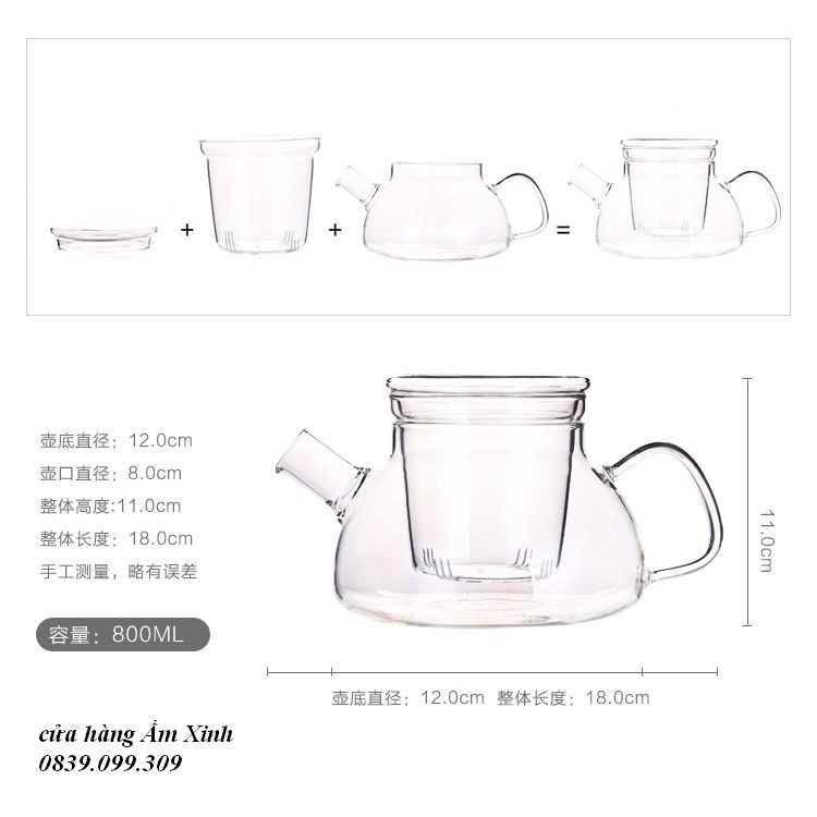 Bình thủy tinh pha trà có lõi lọc dung tích 800 ml
