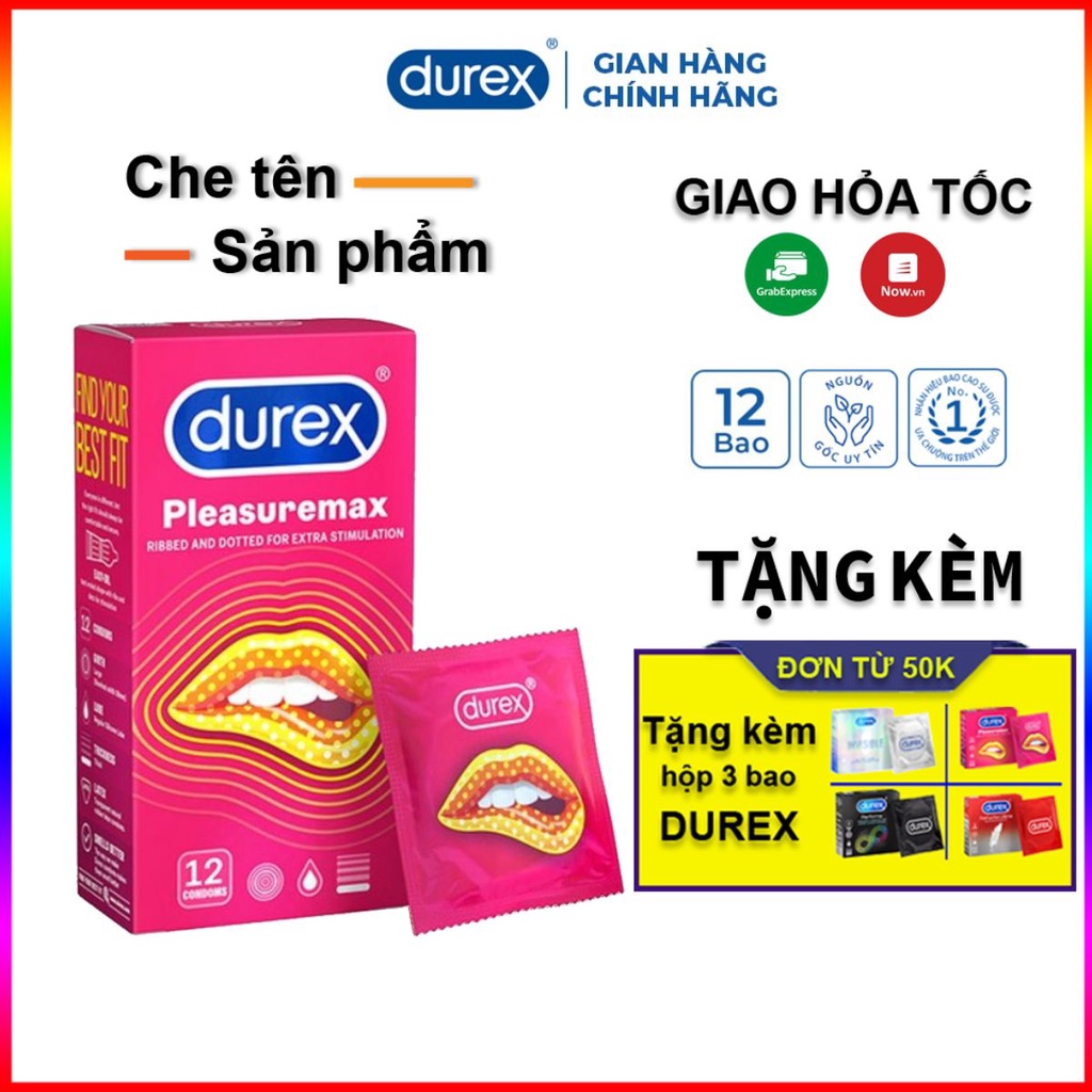 Bao cao su gân gai Durex Pleasuremax 12 bao, gai đều nhiều gel,an toàn + Tặng kèm hộp 3 bao cùng loại.