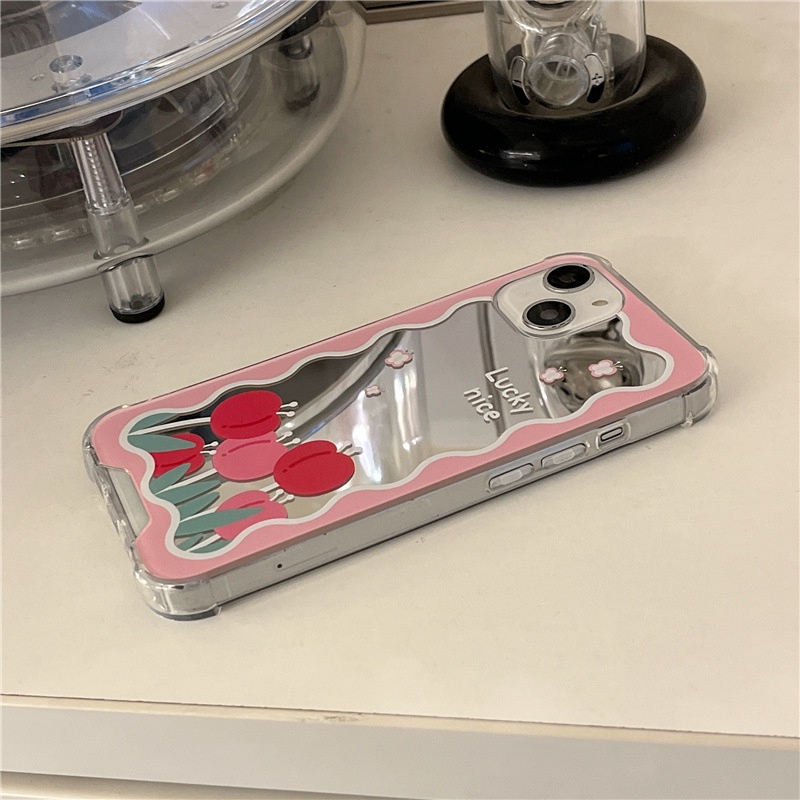 Ốp lưng iphone Ốp Điện Thoại Mặt Gương Họa Tiết Hoa Tulip Hồng Cho Iphone 13 14proPromax 6/6splus/7/7plus/8/8plus/x/xr/xs/11/14pro/13/pro/max/plus/promax Dinuo case
