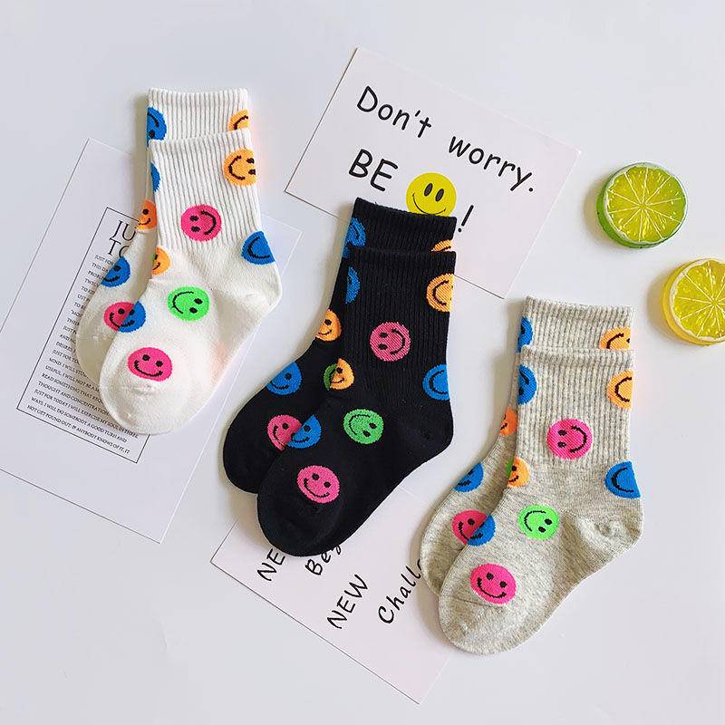 Vớ Cotton Trơn Thoáng Khí Thoải Mái In Hình Mặt Cười Phong Cách Hàn Quốc Dễ Phối Đồ Thời Trang Xuân Thu Cho Bé Trai Và Gái 1-15 Tuổi Mi