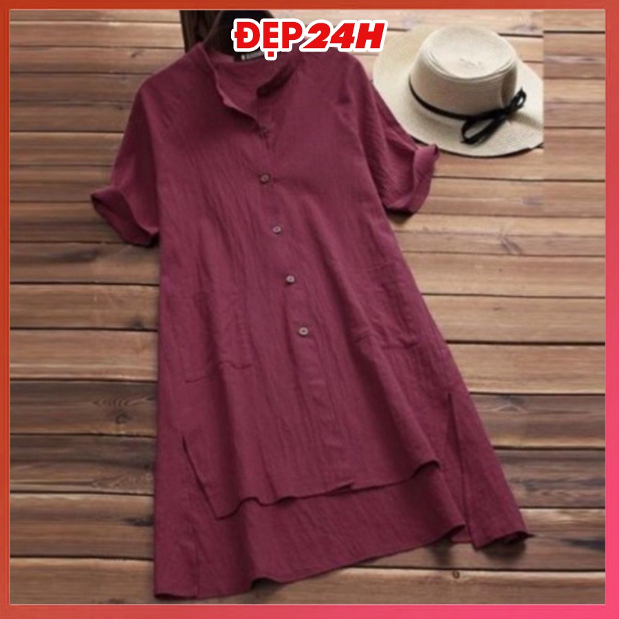 Sơ mi váy sang chảnh, form dài rộng giấu quần, chất liệu Đũi siêu xinh, áo kiểu váy chùm mông Đẹp 24 giờ - AKH.35 | BigBuy360 - bigbuy360.vn