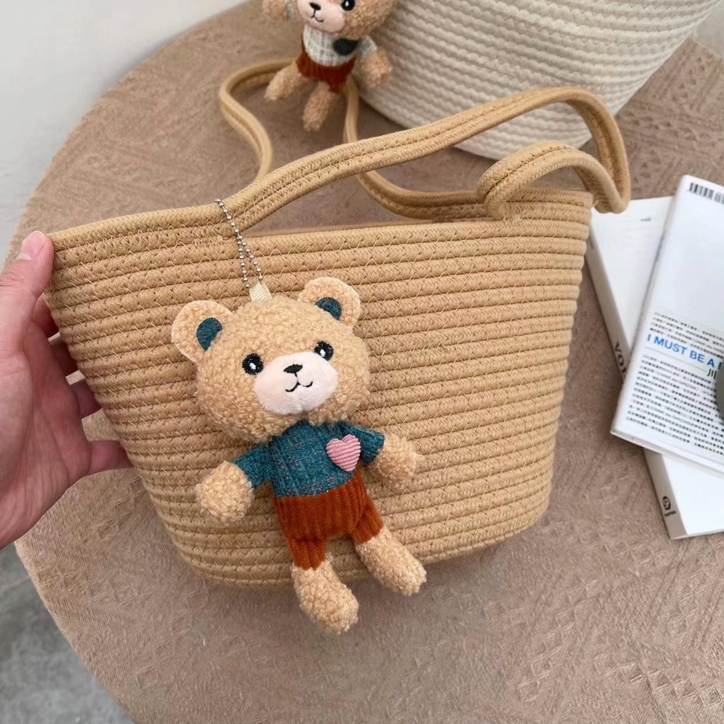 [Giảm giá nóng] Túi đeo vai cotton giản dị dễ thương mới với túi xách búp bê gấu đi nghỉ bên bờ biển