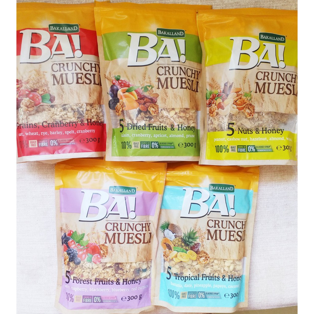 Ngũ cốc ăn sáng Bakalland Crunchy Muesli 5 loại trái cây nhiệt đới 300g ngủ cốc Ba Organic NK Ba Lan - ÂU CHÂU SHOP