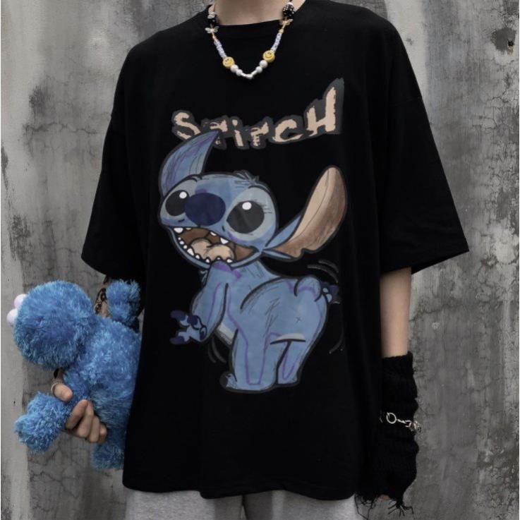Áo thun cổ tròn form rộng tay lỡ in Stitch Unisex nam nữ đều mặc được