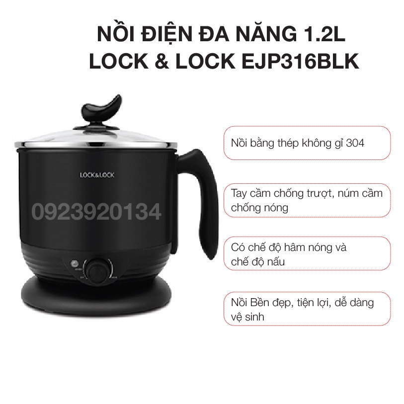 [Mã ELHADEV giảm 4% đơn 300K] Nồi điện đa năng 1.2L Lock &amp; Lock EJP316BLK