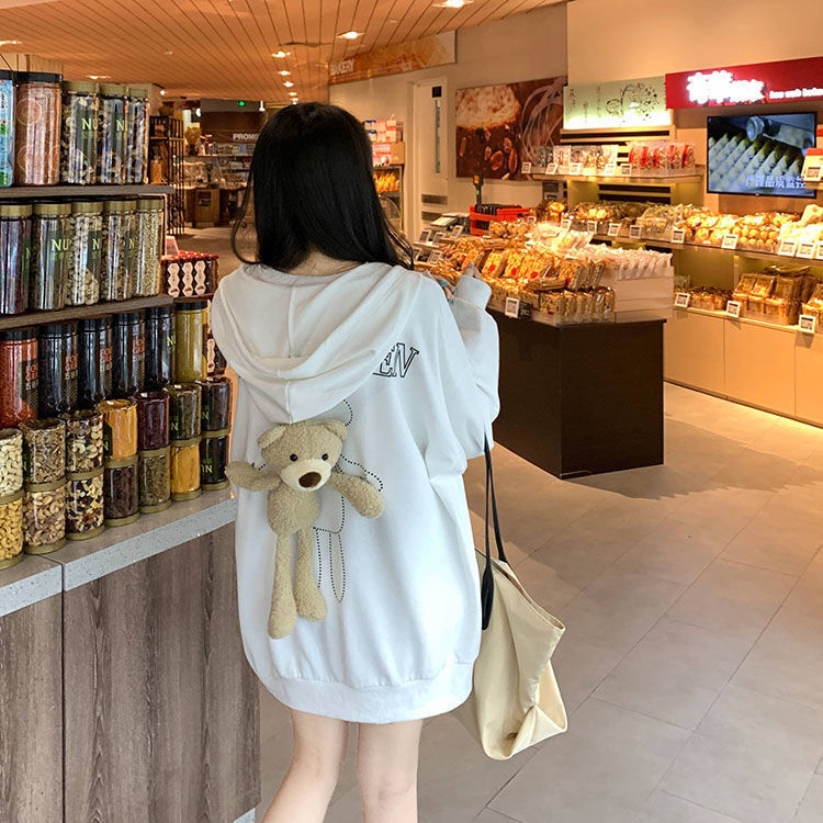 Áo Nỉ Tay Dài Dáng Rộng In Hình Gấu Dễ Thương Phong Cách Preppy Hàn Quốc Thời Trang Xuân Thu Cho Nữ