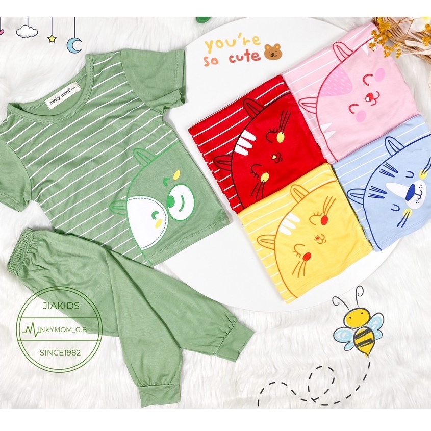 Bộ áo ngắn, quần dài hiệu MINKY MOM vải thun lạnh sọc in hình mặt thú cho bé trai, bé gái 8-27 kg