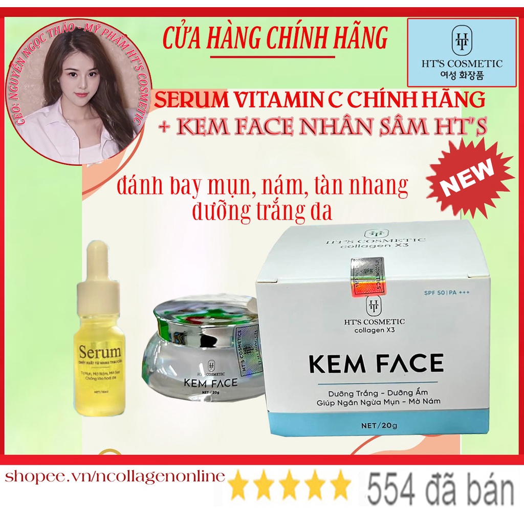 COMBO Kem Face Nhân Sâm + serum vitamin C Collagen X3 chính hãng HT'S - Đánh bay mụn nám tàn nhang, giúp trắng da