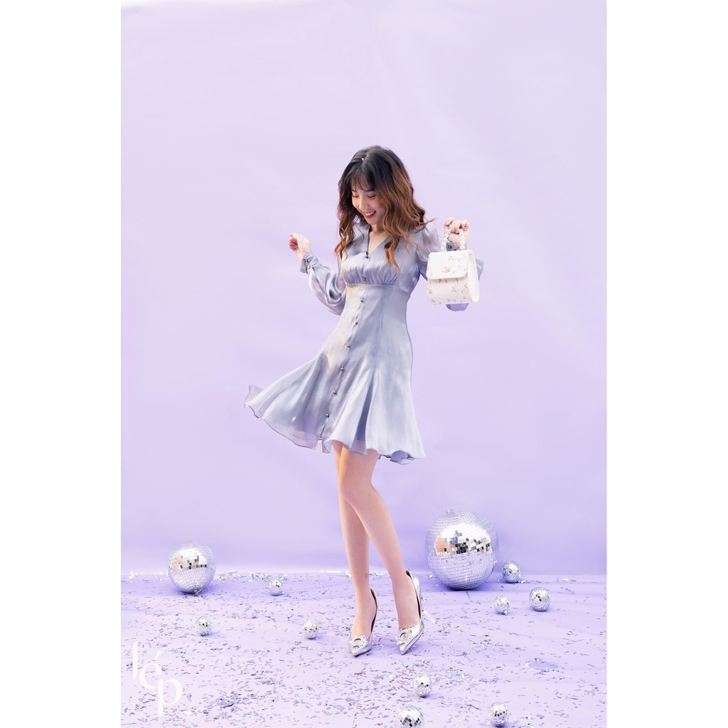 Váy tơ organza tay bồng cúc ngọc xanh ghi - váy thiết kế 2 lớp | BigBuy360 - bigbuy360.vn