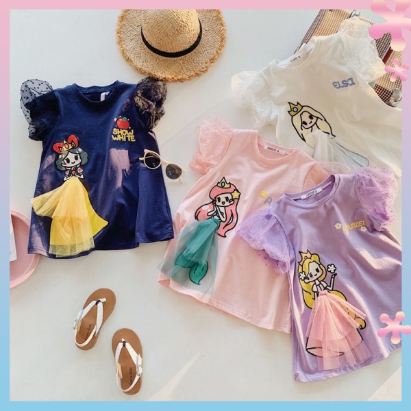 ✨✨Đầm Lưới Tay Phồng 100% Cotton Nguyên Chất In Họa Tiết Hoạt Hình Ba Chiều Thời Trang Mùa Hè Dành Cho Bé Gái