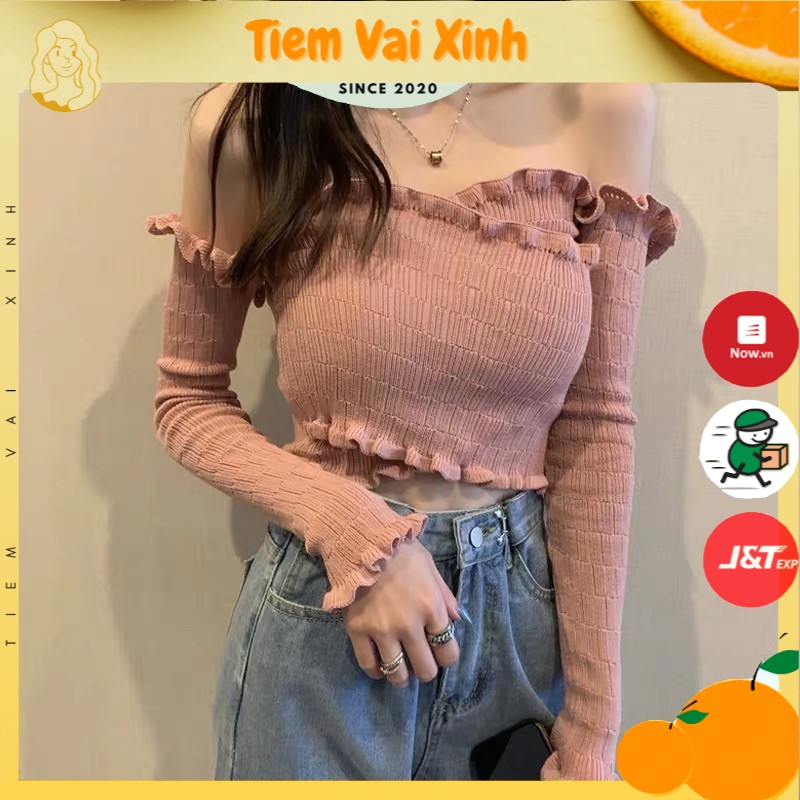 Áo Croptop Len Trễ Vai 🍊Tiệm Vải Xinh🍊 Áo Kiểu Croptop Sexy CT010