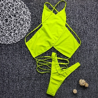 Set bikini phối dây buộc màu neon