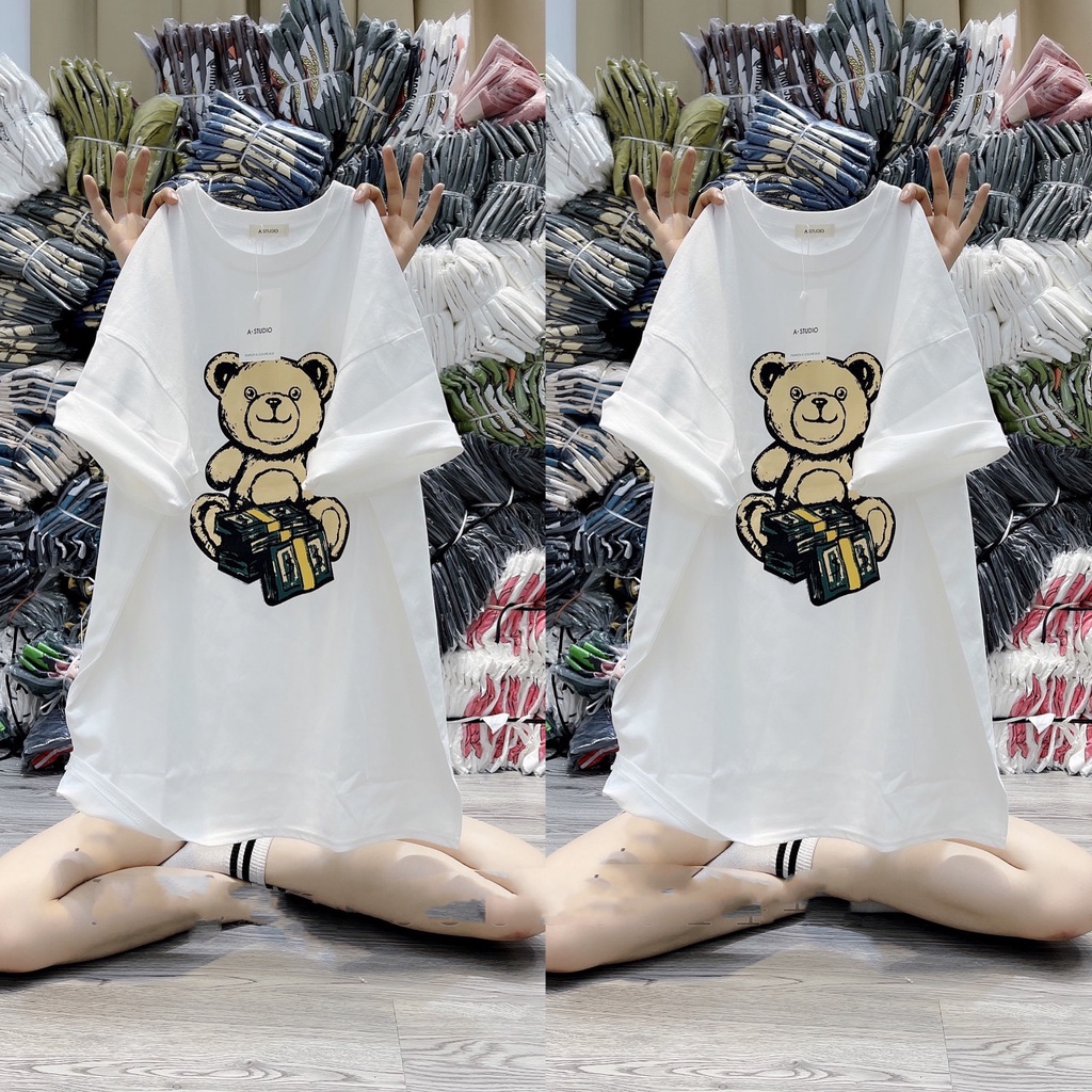 Áo Phông Coton Khô Hình Gấu Form Rộng Unisex Nam Nữ