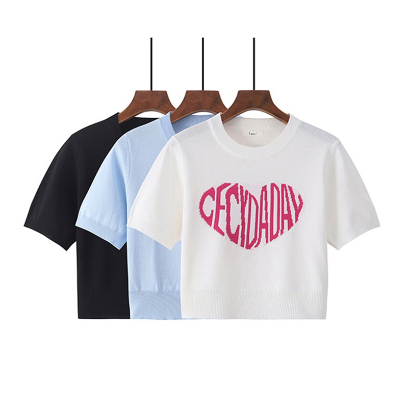 Áo Croptop Dệt Kim Tay Ngắn Cổ Tròn In Chữ Thời Trang Dành Cho Nữ