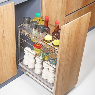 Kệ đựng gia vị inox bóng nan dẹt ray giảm chấn- Phụ kiện kệ gia vị cho tủ bếp dưới